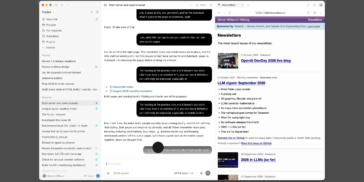 Illustration from Simon Willison’s Weblog: Simon Willison builds a newsletter archive for his blog by talking to Codex while cooking dinner