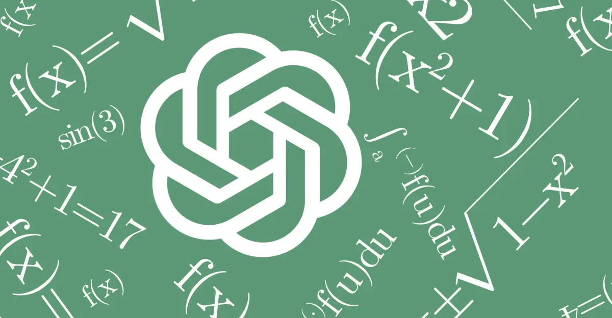 OpenAI logo with a background of complex math formulas.