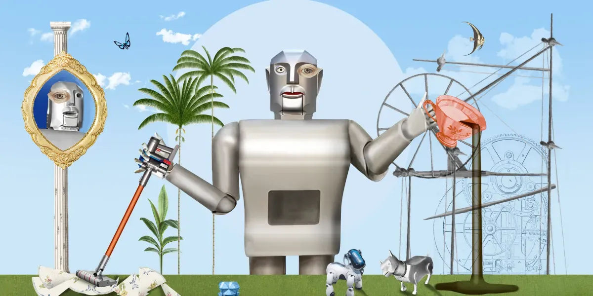 Illustration from MIT Technology Review: Robot AI's 'unseen task' claims outpace the evidence as forecasts for home humanoids diverge