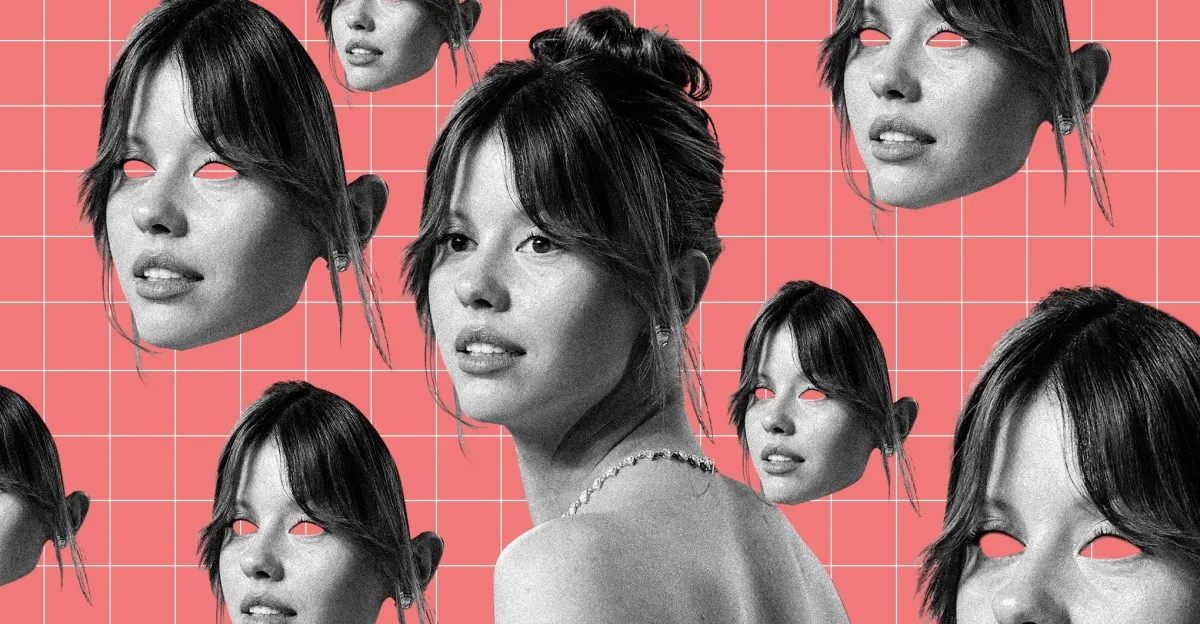 Actress Mia Goth surrounded by clones of herself.