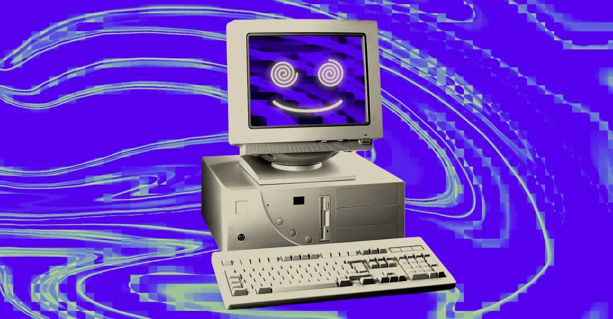 Beige 90s style computer with swirly spiral eyes.