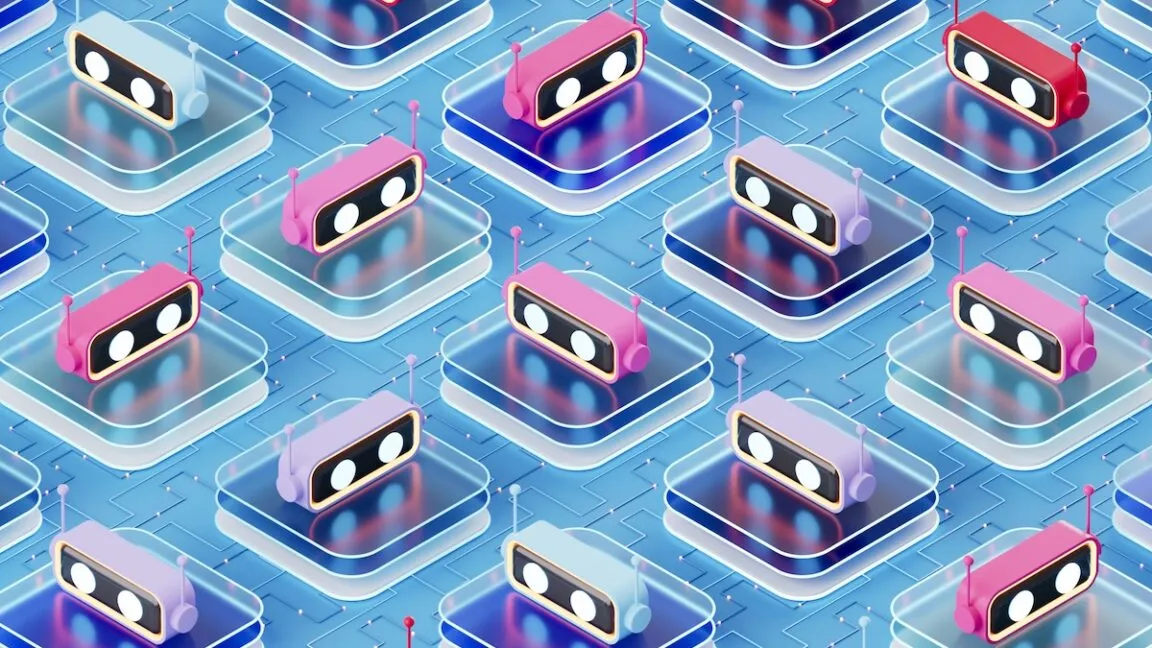 AI Chatbot Assistants on Glass Blocks, Artificial Intelligence Technology Concept. Digitally generated image. 3d render.