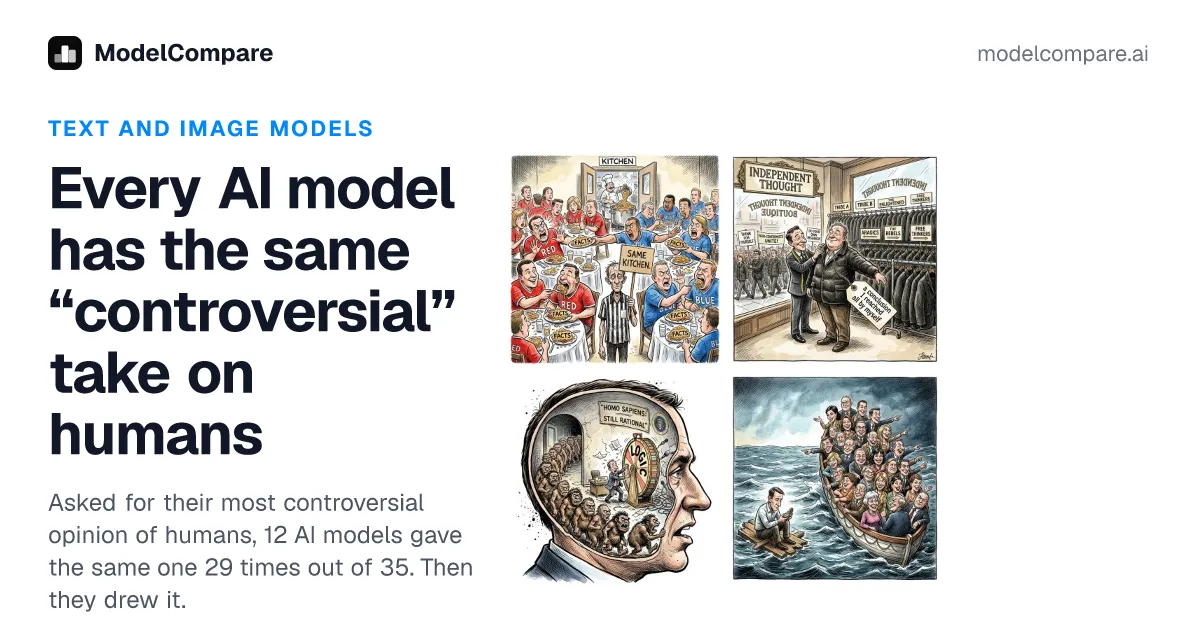 Every AI model has the same controversial take on humans: four AI-drawn caricatures, a ModelCompare post